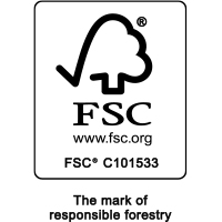 FSC-Logo (Forest Stewardship Council) mit Zertifizierungsnummer, Symbol für verantwortungsvolle Waldwirtschaft.