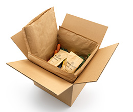 ClimaLiner-Thermoverpackung in Karton eingesetzt: Umweltfreundliche Isolierung für den Kühlkettenversand, recycelbar und biologisch abbaubar.