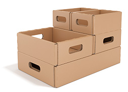 Kleinladungsträger (KLT) aus Wellpappe mit robusten Stapeleigenschaften für Füllgewichte bis zu 15 kg.