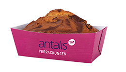 Umweltfreundliche, individuell bedruckbare Sandkuchenform aus lebensmittelechtem Papier von Antalis Verpackungen, hitzebeständig bis 220 °C.