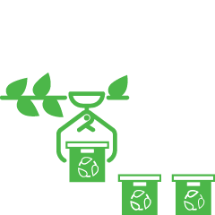 Verringerung des CO2-Fußabdrucks in den unterschiedlichen Produktlebensphasen. Hier: End-of-Life-Phase Recycling-Symbole mit Verpackungen und Blättern als Darstellung der End-of-Life-Phase nachhaltiger Verpackungen.