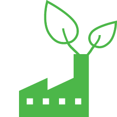 Verringerung des CO2-Fußabdrucks in den unterschiedlichen Produktlebensphasen. Hier: Produktionsphase Icon einer Produktionsstätte mit grünen Blättern, das nachhaltige Herstellungsprozesse symbolisiert.
