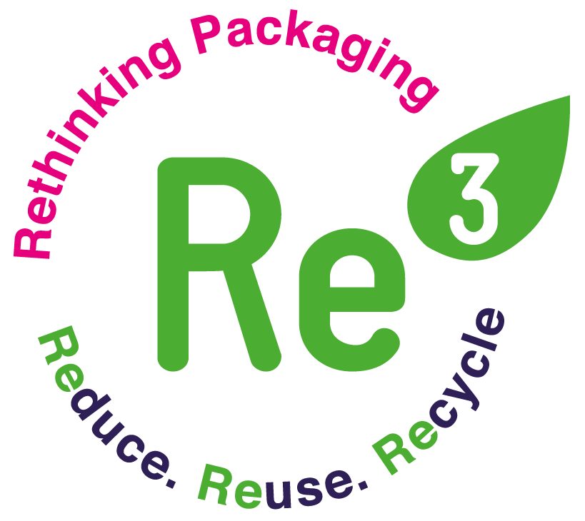 Rethinking Packaging-Logo für nachhaltiges Verpackungsdesign mit den Prinzipien Reduce, Reuse, Recycle.